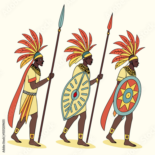African warriors adorned in vibrant headdresses and ceremonial shields march forward