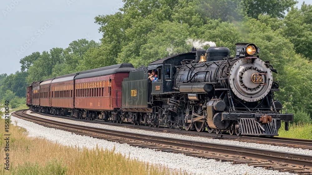 Obraz premium A vintage steam locomotive pulls passenger cars along a railway track, surrounded by lush green trees under a light gray sky