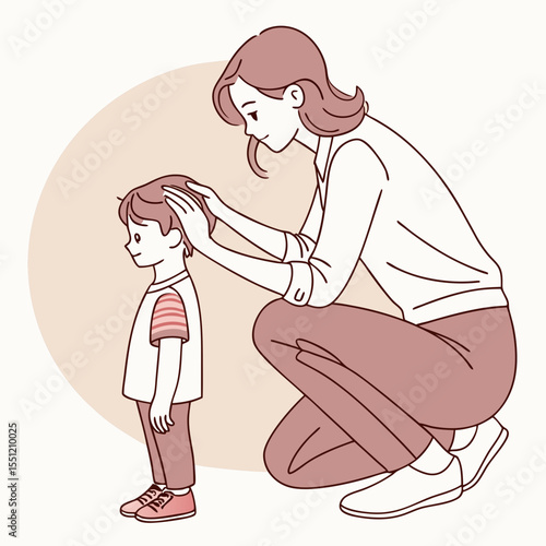 Illustration of a nurturing mother lovingly tending to her young son's hair