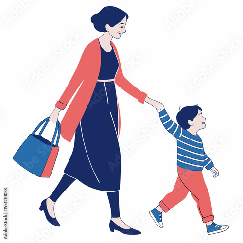 Illustration depicting a mother and child walking together in vibrant colors