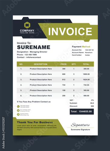Professional Company Invoice Template Clean and Modern Price Sheet Vector Layout