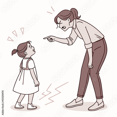Mother and Daughter Conflict: Illustration of discipline, frustration, and childhood defiance