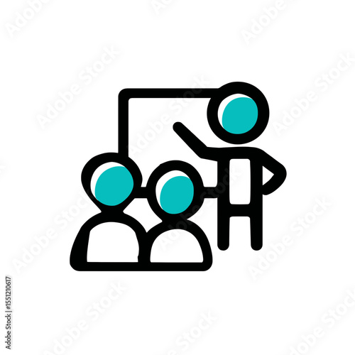 Instructor teaches lesson to class in classroom graphic teal accents learning