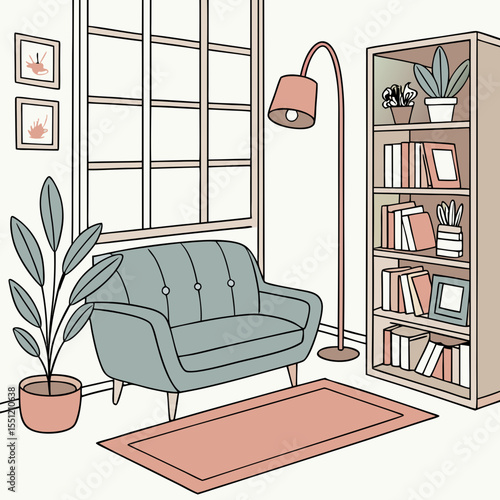 Stylized interior scene featuring a sofa, bookcase, plant, and window depiction