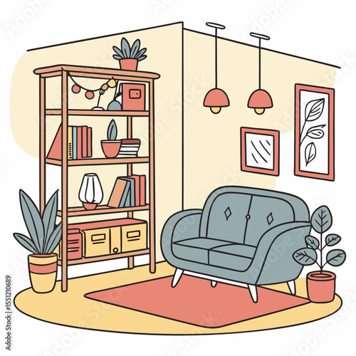 Cozy interior scene with couch, bookshelf, and decorative elements illustration