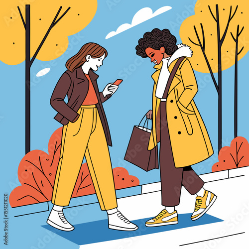 Urban autumn stroll: Two friends navigating city life in fashionable attire