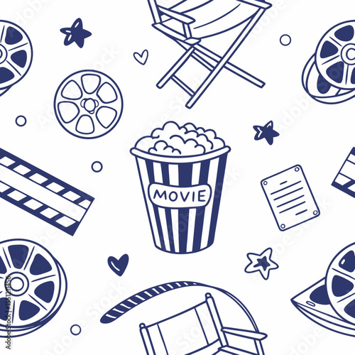 Delightful hand-drawn film industry icons seamless pattern for creative projects