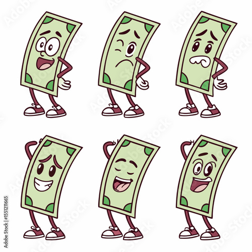 Expressive currency characters displaying a range of cartoon emotions and attitudes