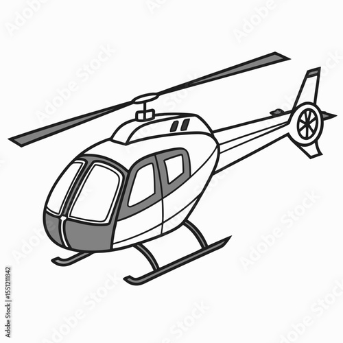 Stylized black and white illustration of a light utility helicopter isolated