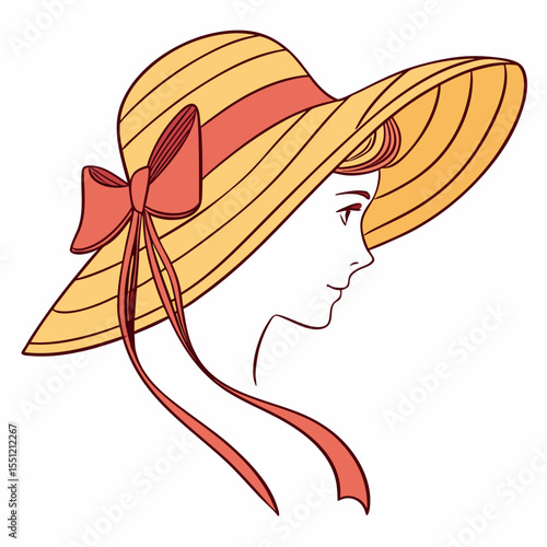 Elegant woman's portrait with sun hat, vintage style with ribbon accent and refined lines