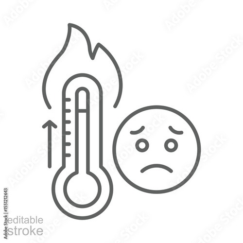 Heat Anxiety Icon. Temperature Rise Outline. Editable Stroke Thermometer. Sad Face Climate Reaction. Global Warming and Fire Symbol.