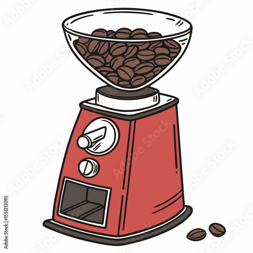 Whimsical illustration of a red coffee grinder with beans and transparent bowl