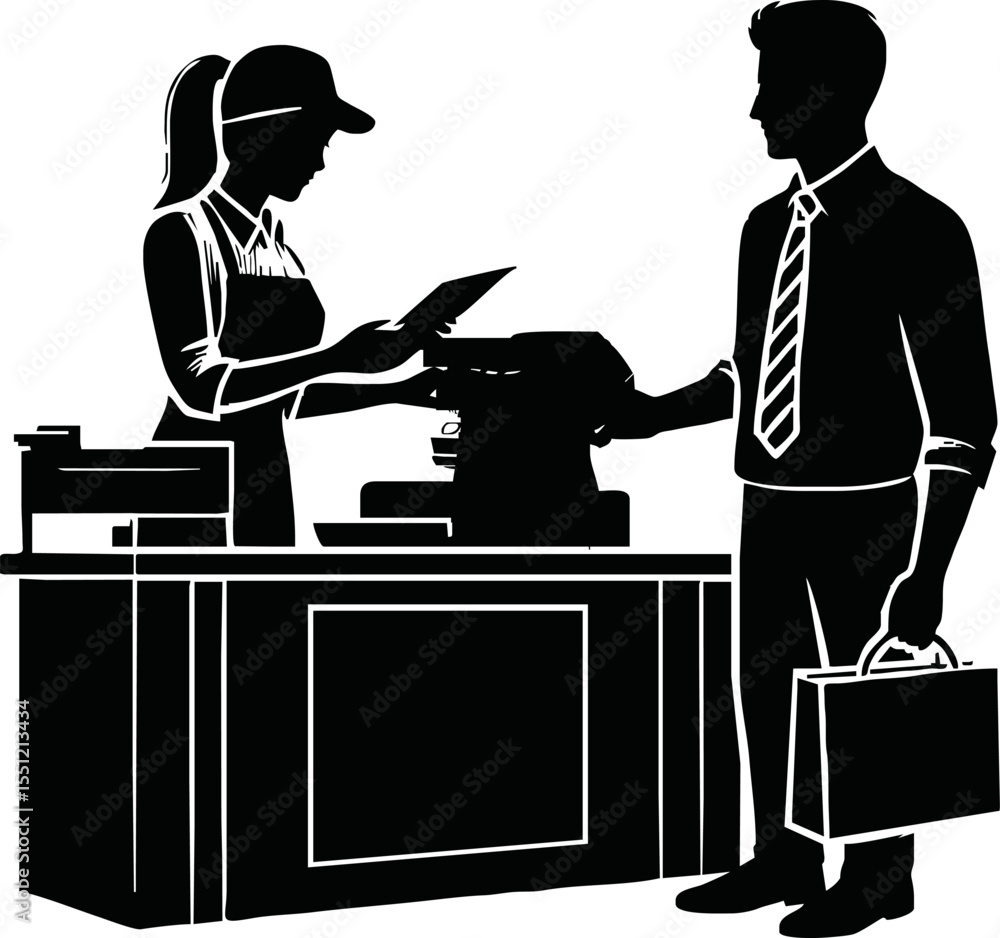 Fototapeta premium Retail cashier and customer in payment process, silhouette vector style on white background