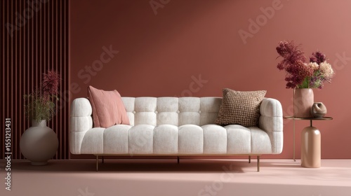 Fototapeta Naklejka Na Ścianę i Meble -  A 4K photo of white cushion centered on pink sofa, terracotta studio backdrop and side light, mockup photography for interior branding and home decor.