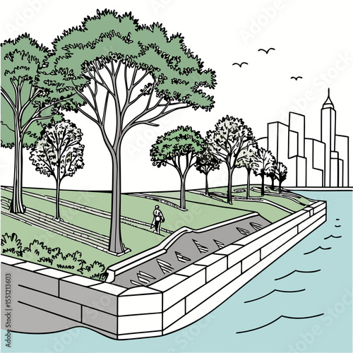 Serene Cityscape Sketch: Riverside Park with Trees and Urban Horizon View