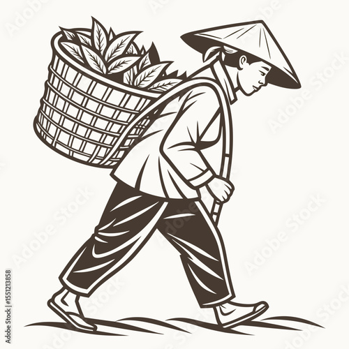 Traditional tea harvest depiction: Asian farmer carrying leaves in woven basket