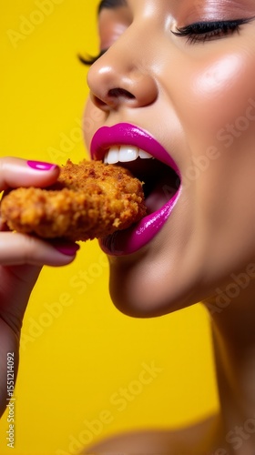 Electric Foodie Moment a Person Savoring Crispy Chicken with Vivid Magenta Lips Against a Sunny Yellow Scene