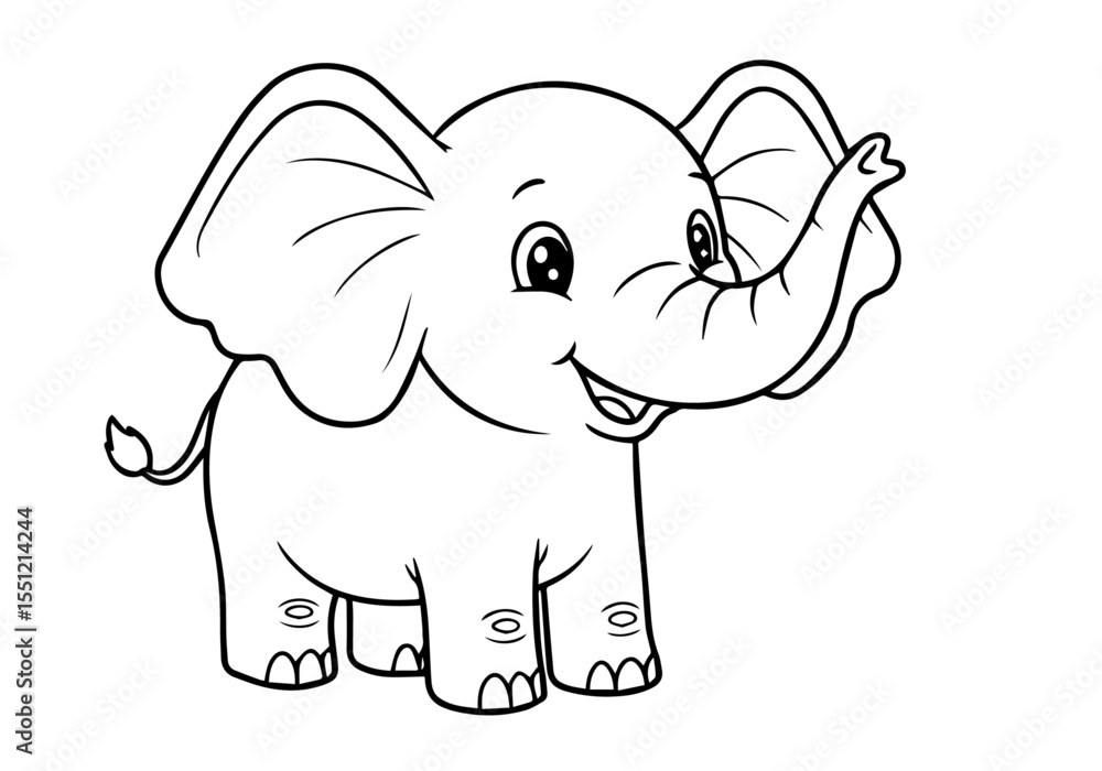 Fototapeta premium Kawaii cartoon elephant with raised trunk — cute kids coloring page vector illustration on white background