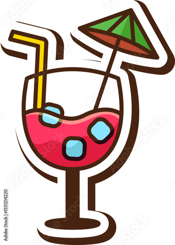 Refreshing Summer Cocktail Illustration Iced Drink with Paper Parasol