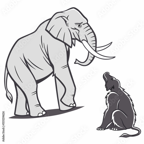Cartoon illustration of a large elephant and a small dog-like creature