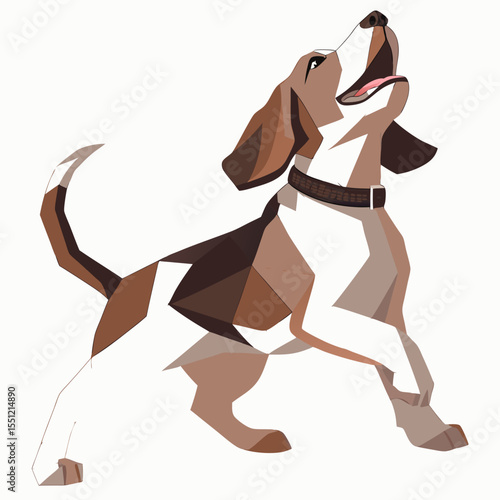Geometric canine illustration depicting a stylized beagle howling upwards, brown and white design