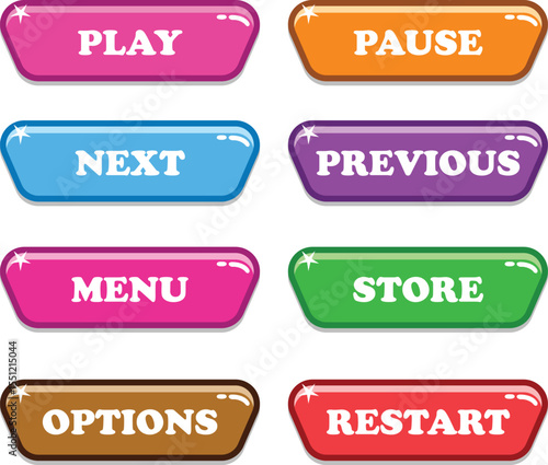 Cartoon glossy game buttons set with colorful styles and playful text. Includes 8 vector buttons of Play, Pause, Next, Previous, Menu, Store, Options, and Restart. Perfect for mobile and web games.