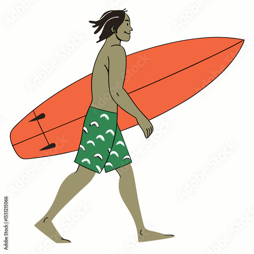A stylized illustration of a surfer carrying a surfboard with casual beach vibe