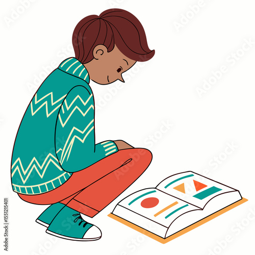 Engrossed in Learning: Child Exploring Geometric Shapes in a Colorful Book