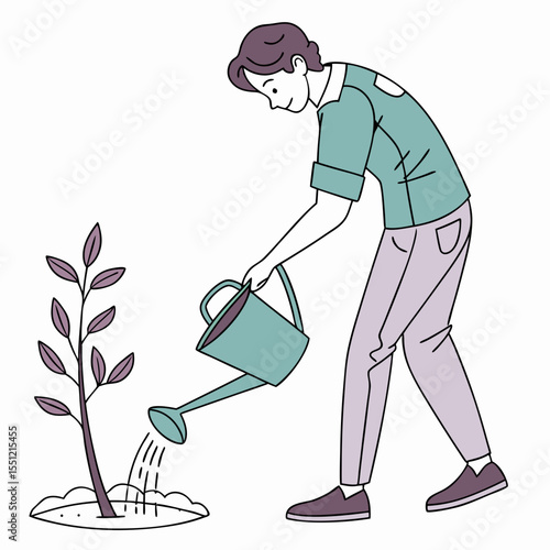 Illustration of a person watering newly planted tree, fostering sustainable growth