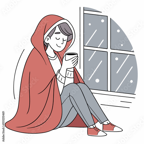 Cozy contentment: Illustrated character enjoying warm drink during winter snowfall