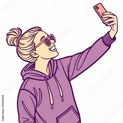 Trendy woman capturing a selfie with smartphone, showcasing casual style and modern culture