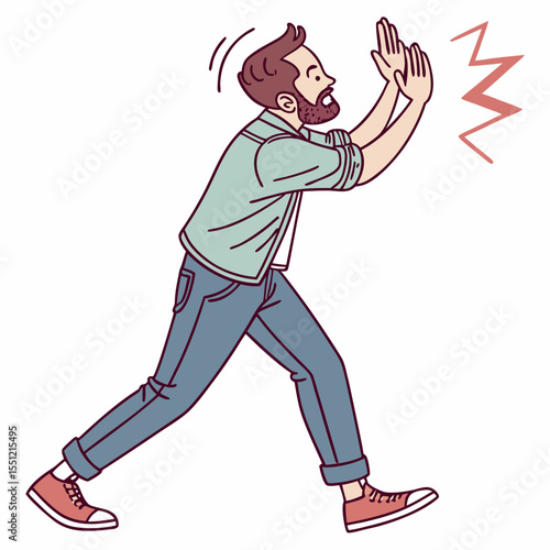 Man in distress, facing obstacle, cartoon style illustration on white background