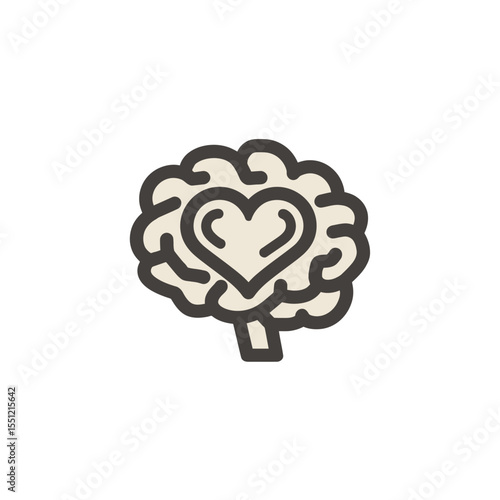 Brain icon shows love symbol inside representing mental emotional health wellness on white
