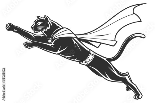 Superpowered Feline Hero Leaping to Action A Bold Black Panther with Cape Ready to Defend Justice and Deliver Swift Paws