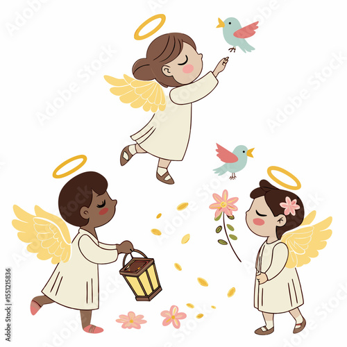 Angelic trio interacting with nature, symbolizing innocence and spiritual grace