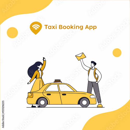 Simplified illustration of a taxi booking application with welcoming characters