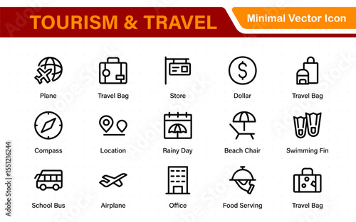Travel outline icons set. Travel, hotel, holiday, tourism, beach, plane, map, agent and insurance. Booking, reservation, room, airport, accommodation.
