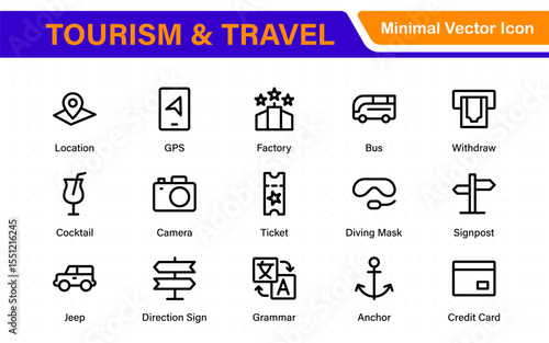 Travel outline icons set. Travel, hotel, holiday, tourism, beach, plane, map, agent and insurance. Booking, reservation, room, airport, accommodation.
