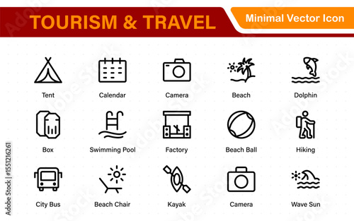 Travel outline icons set. Travel, hotel, holiday, tourism, beach, plane, map, agent and insurance. Booking, reservation, room, airport, accommodation.