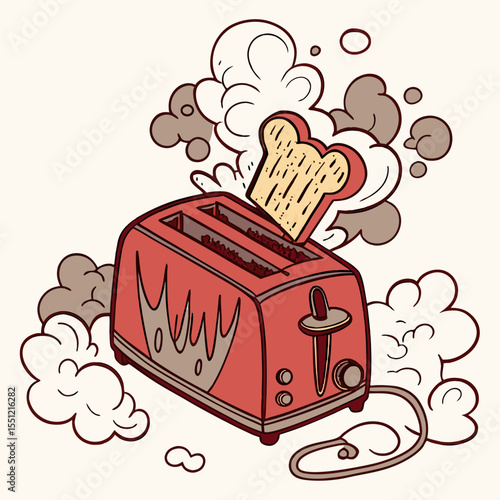 A Quirky Toaster Overheating and Emitting Smoke, Potentially Indicating a Kitchen Fire Hazard