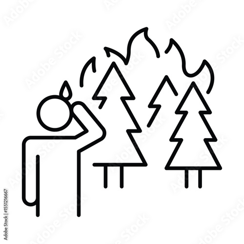 Forest Fire Icon. Person Watching Burning Trees Outline. Climate Disaster Line Style. Crisis Awareness Symbol.