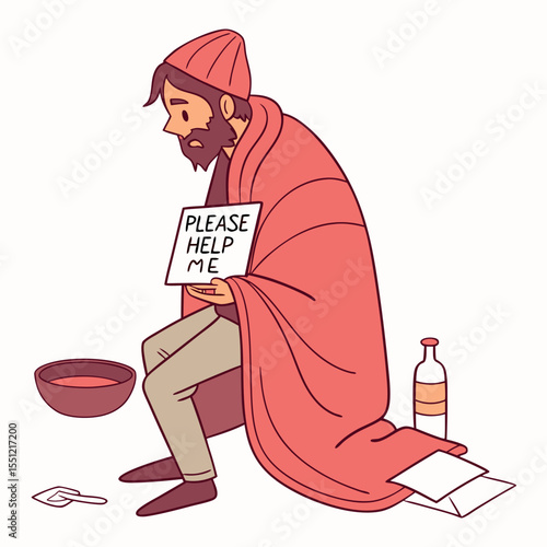 Vulnerable individual seeking assistance in a stylized illustration format
