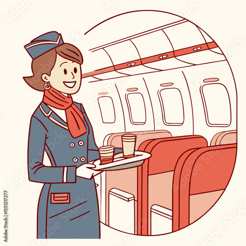Cartoon flight attendant serving drinks in a plane cabin illustration