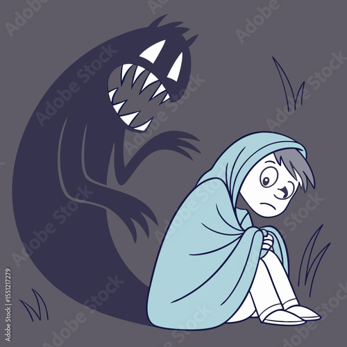 Cartoon depiction of a child facing anxiety manifested as a looming shadow figure