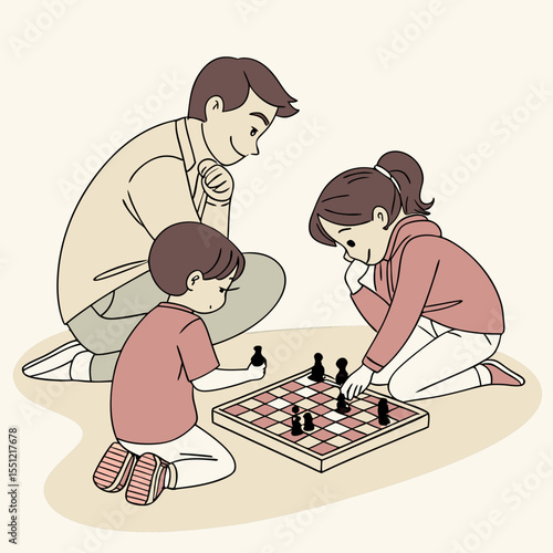 Engrossing family moment: a father, daughter, and son focused on a chess game