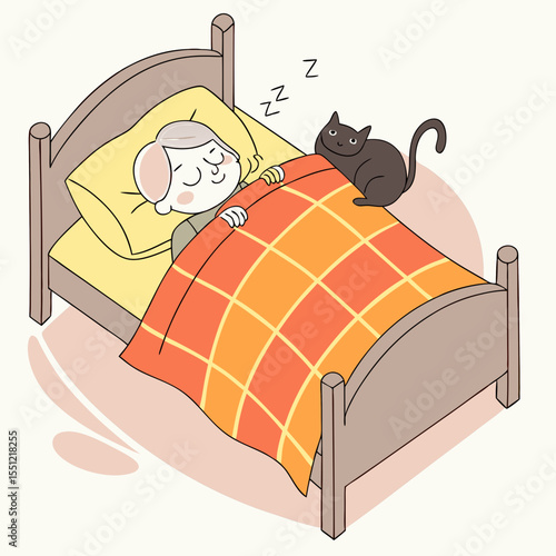 Peaceful slumber: elderly woman dreaming with her black cat companion at her bedside