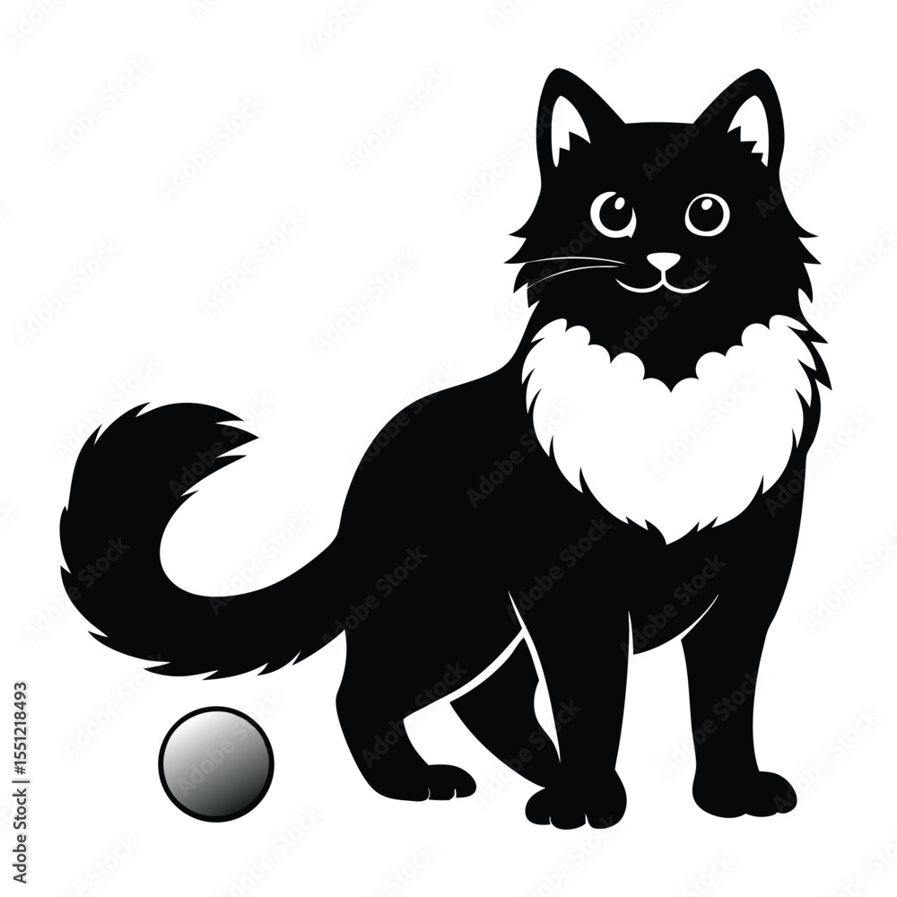 Obraz premium Elegant Black and White Cat Illustration Playful Feline with a Ball Graceful Design for Pet Lovers and Illustration Enthusiasts