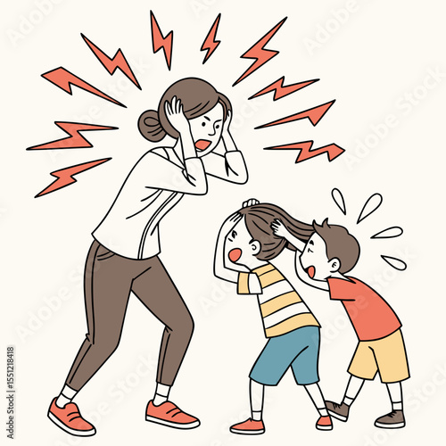 Harried mother overwhelmed by bickering children emitting waves of frustration