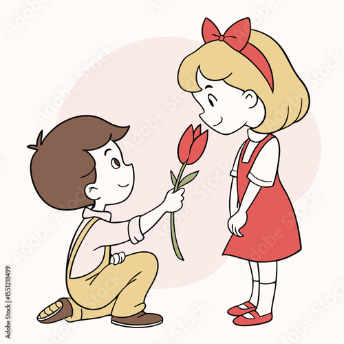Sweet cartoon illustration of a boy giving a flower to a girl in love