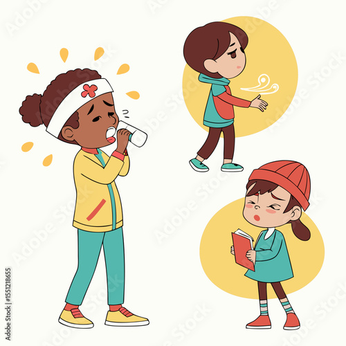 Illustrated children suffering from various ailments in a cute cartoon style